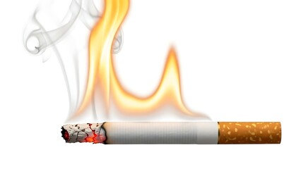 Burning cigarette with smoke and flames isolated on white background