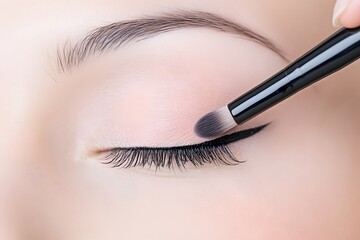 Close-up of a female applying eyeliner with a brush, showcasing beauty techniques and makeup artistry, highlighting precision and skill in cosmetic application