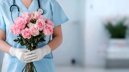 Female healthcare professional in blue scrubs holding a bouquet of pink roses, symbolizing care and compassion in a medical environment with soft lighting and a serene atmosphere