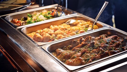 Hot Buffet Food In Restaurant Serving Trays