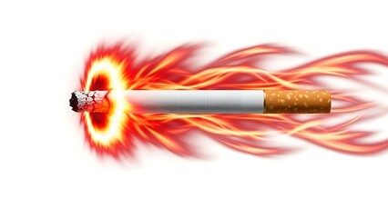 Cigarette on fire with intense flames and smoke