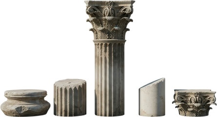 Collection of ancient Greek Corinthian architectural column fragments including a capital base and fluted shafts made of stone architecture ruin historical monument ornate transparent background