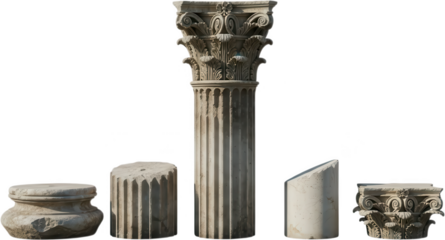 Collection of ancient Greek Corinthian architectural column fragments including a capital base and fluted shafts made of stone architecture ruin historical monument ornate transparent background
