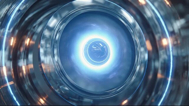 Futuristic turbine engine rotating with blue light shining through blades