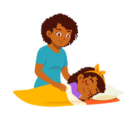 African American mother gently comforts her peaceful sleeping child in a cozy bed illustration