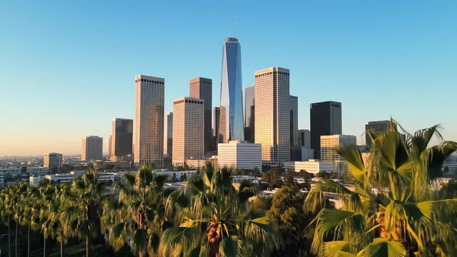 City skyline with palm trees in foreground