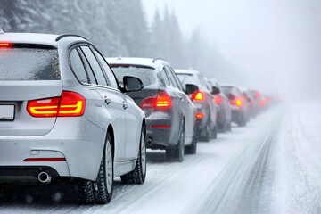Cars in heavy winter traffic jam on snowy road