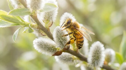 Honey Bee Pollinating Pussy Willow, Spring Macro

