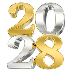 Luxury 2028 New Year Date 3D Rendering with Golden and Silver Metallic Numbers on Transparent Background