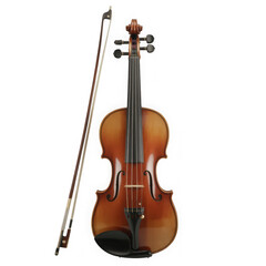 Fototapeta premium Classic wooden violin with a bow, showcasing intricate craftsmanship and warm tones, isolated on transparent background