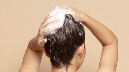 Woman washing hair with shampoo on neutral background