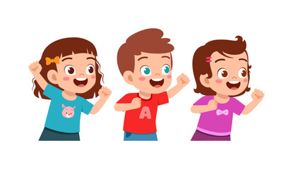 Three happy cartoon children smiling broadly with excited expressions and arms raised celebrating together