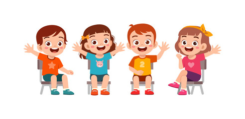 Happy diverse cartoon children sitting and waving with cheerful expressions on white background