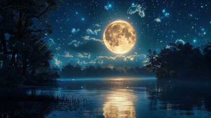 Enormous Full Moon Illuminates Tranquil River Scene At Night