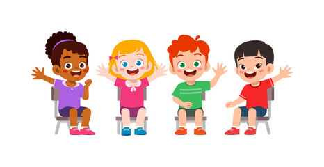 Fototapeta na wymiar Diverse happy children sitting waving hands and smiling cheerfully in a friendly group setting