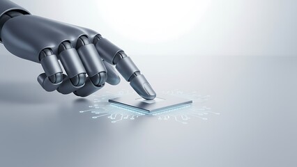 Futuristic robotic hand with metallic fingers drawing a digital graph on transparent surface