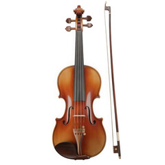 Fototapeta premium Classic wooden violin with a bow, showcasing intricate craftsmanship and warm tones, isolated on transparent background