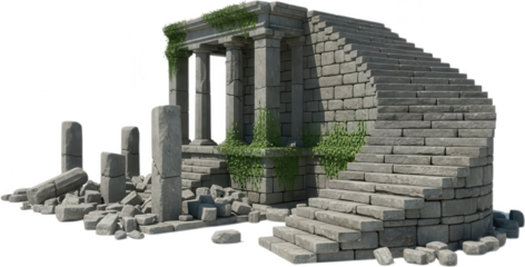 Ancient stone ruins with crumbling pillars overgrown ivy and a grand staircase evoking a sense of history and decay architecture classical greek roman temple columns steps transparent background