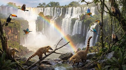 Iguazu Wildlife Coatis and Birds, Tropical Rainforest

