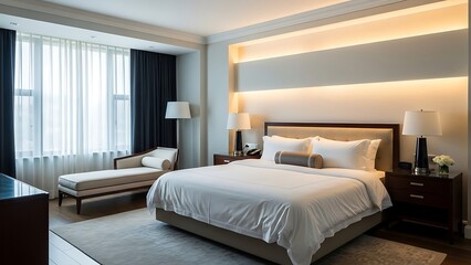 Fototapeta premium Luxury hotel room with elegant decor providing bright atmosphere and comfortable ambiance in sophisticated and upscale accommodation setting