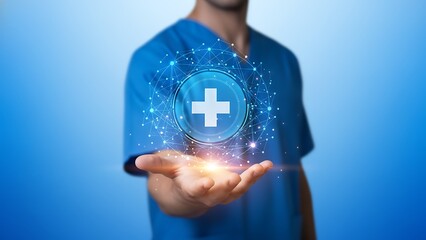 Human hand holding glowing digital healthcare plus symbol with network connections isolated on transparent background