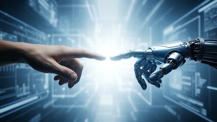 Human hand reaching towards advanced robotic hand in futuristic digital technology interaction