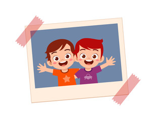 Two happy smiling cartoon boys with open arms posing together in a polaroid photo