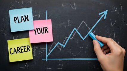 Human hand draws an upward trending blue line graph on a chalkboard near sticky notes with the words plan your career for business motivation and goal setting concepts.