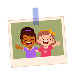 Two happy diverse young girls smiling broadly with arms open showing joy and friendship in a cartoon photo