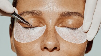 Woman receiving eyelash extensions with precision tweezers and under eye pads
