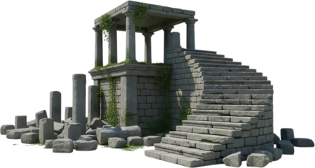 Ancient stone ruins featuring weathered columns overgrown ivy and a grand staircase leading to a crumbling structure evoking historical decay and timeless grandeur architecture transparent background