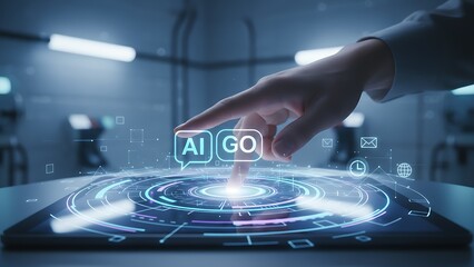 Human hand interacting with futuristic AI technology digital interface on transparent holographic screen