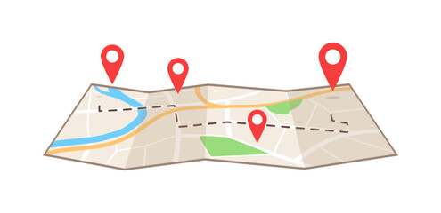 Fototapeta na wymiar Detailed illustration of a paper map showing a journey route with multiple red location pins markers for navigation