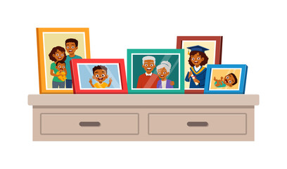Happy African American family photos showing life's milestones and cherished memories on a dresser