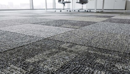 Medium shot of dense acoustic carpet tiles installed in a modern office showcasing their soundabsorbing texture and easy modular arrangement.