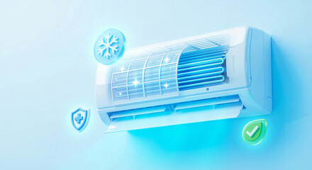 3D illustration of a clean air conditioner unit with maintenance icons for cooling, protection, and efficiency, highlighting healthy indoor climate and air purification.
