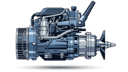 Detailed illustration of an outboard motor engine with mechanical components and propeller viewed from the side