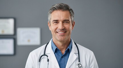 a smiling doctor in a white lab coat with a stethoscope