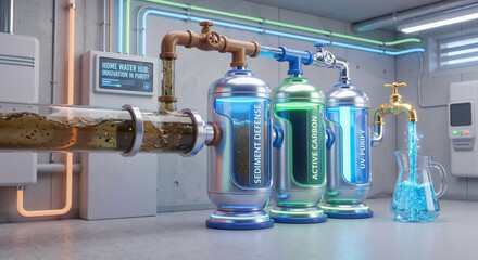 Advanced multi-stage home water purification system featuring sediment defense, active carbon, and UV-purify filters to provide clean, safe drinking water from the tap.