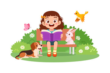 Happy smiling little girl reading a purple book on a park bench with dog rabbit butterfly and bird around her