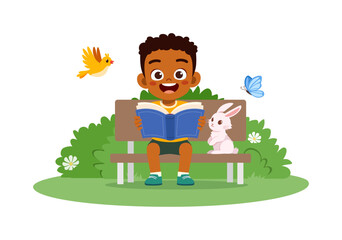 Happy African American boy happily reading a book on a park bench with a rabbit bird and butterfly