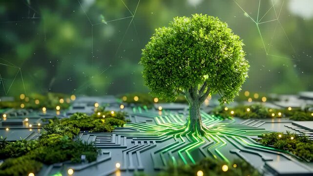 Green technology tree growing from circuit board symbolizing sustainability, eco innovation, digital nature, and renewable technology concept with copy space area