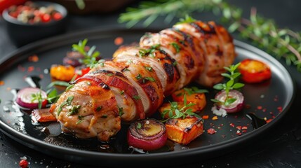 Grilled Chicken Wrapped In Bacon Served On Sleek Black Plate