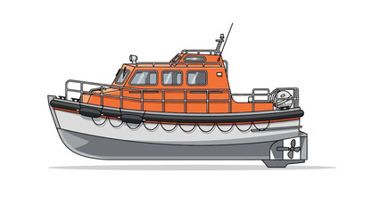 Fototapeta premium Rescue boat sailing through calm waters viewed from the side in a detailed illustration