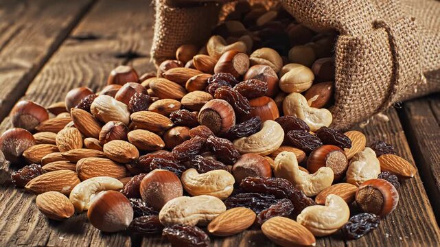 Mixed nuts and dried fruits spilling from burlap bag
