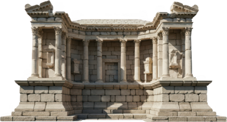 Ancient Roman stone temple facade with Corinthian columns and pediment detail featuring ornate carvings and weathered stonework architecture building ruin classical historical transparent background