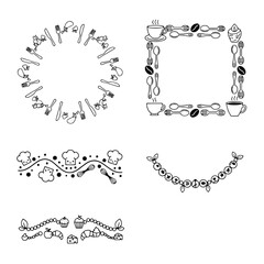 Obraz premium Culinary Frameworks: A selection of artful, hand-drawn design elements for food-related projects. From circular cutlery arrangements to rectangular coffee and utensil borders.