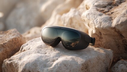 Modern black smart glasses rest on a weathered rock, blurred nature reflected