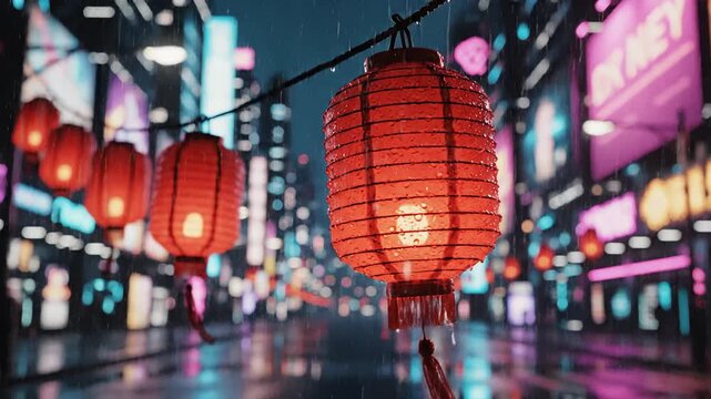 Vibrant Cyberpunk Cityscape at Night with Traditional Red Lanterns Illuminated in the Rain