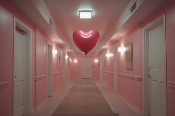 celebrate mothers valentines day wedding with pink hallway with floating heart balloon, love, passion, romance, romantic, photorealistic